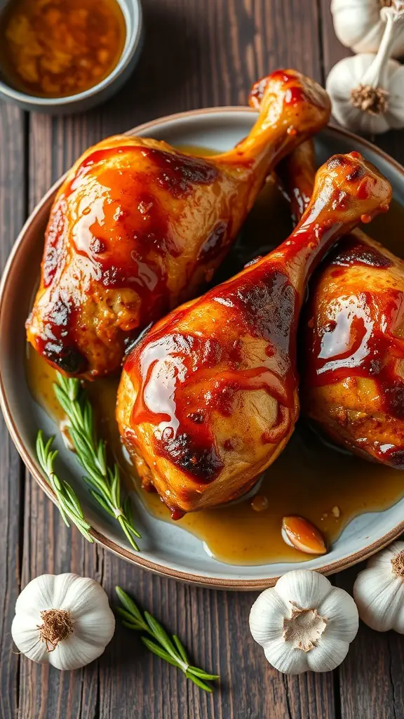 Honey garlic glazed turkey drumsticks on a plate with garlic and rosemary