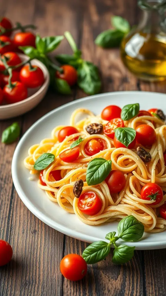 A plate of ditalini pasta salad with cherry tomatoes and basil on a wooden table.