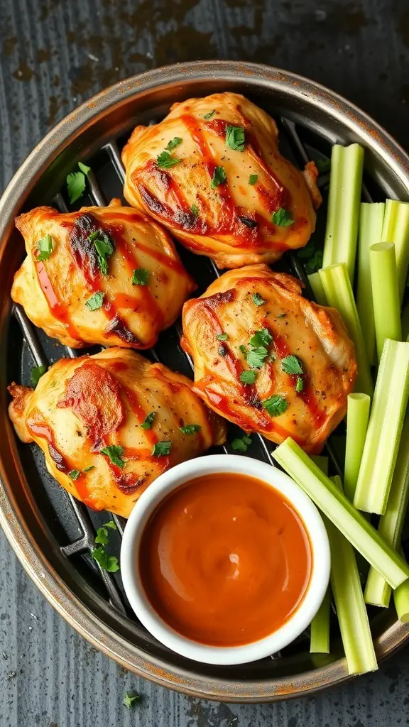 BBQ Ranch Chicken Thighs served with celery sticks and BBQ sauce