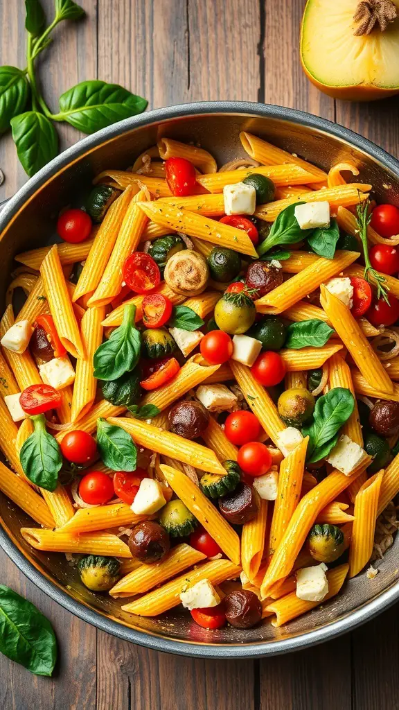 A colorful bowl of Vegetable Primavera Pasta with fresh vegetables and penne pasta