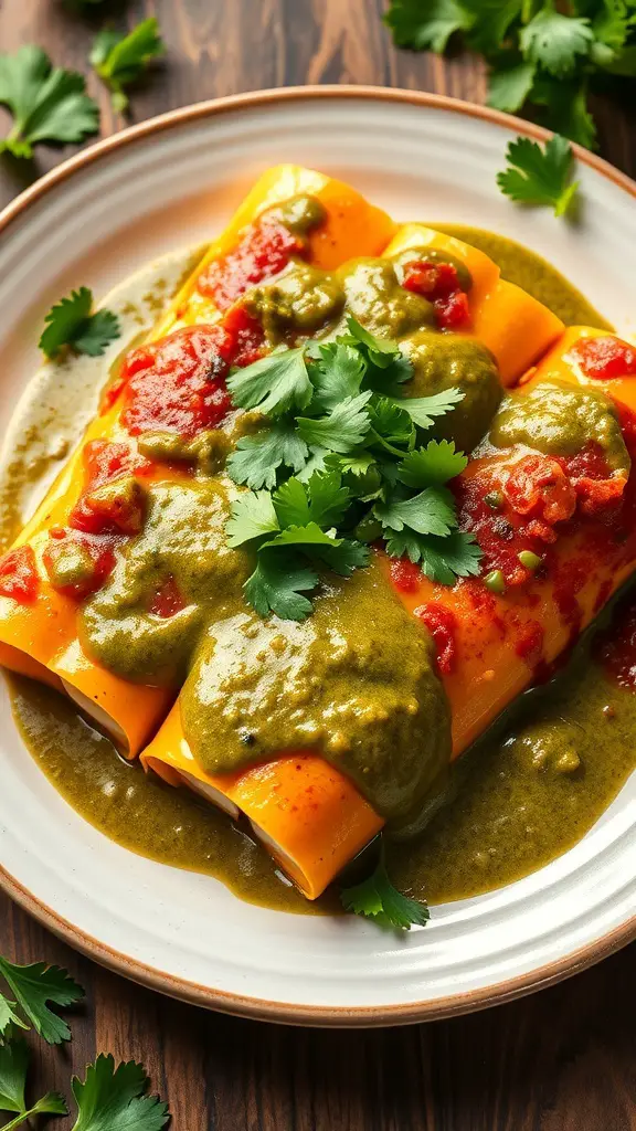 Plate of turkey enchiladas topped with green sauce and cilantro