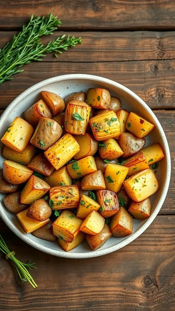 A bowl of garlic herb roasted potatoes garnished with fresh herbs on a wooden table.