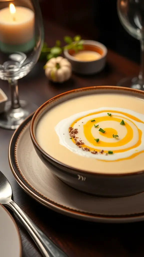 A bowl of creamy cauliflower soup topped with truffle oil and herbs, surrounded by a candle and garlic.