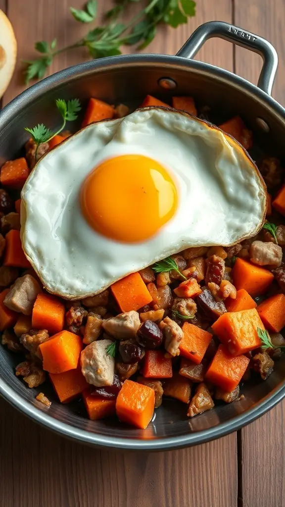 A skillet filled with turkey and sweet potato hash topped with a fried egg.