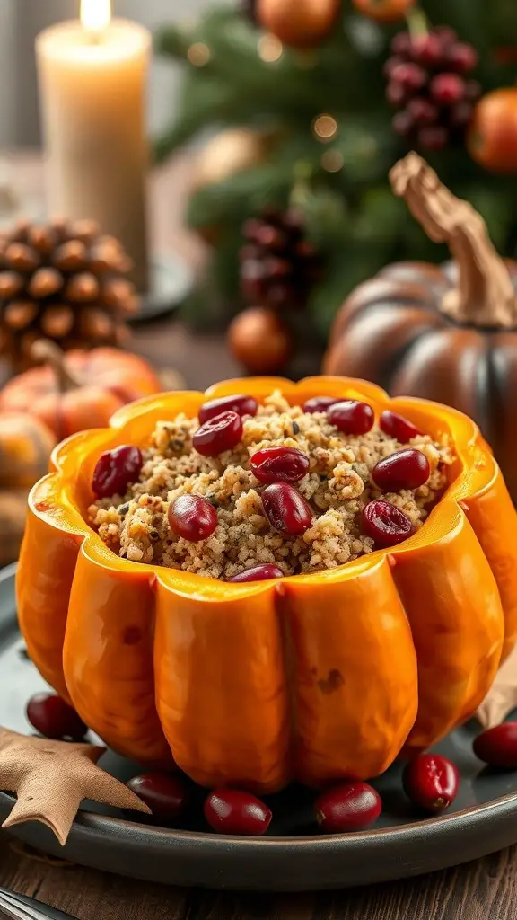 A stuffed acorn squash filled with a savory mixture, surrounded by festive decorations.