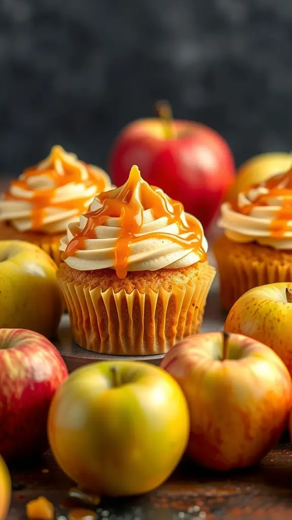 Caramel apple cupcakes with caramel drizzle and fresh apples