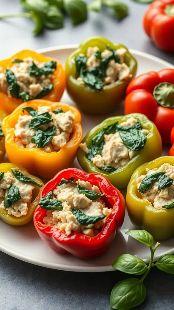 Colorful stuffed bell peppers filled with turkey and spinach on a plate
