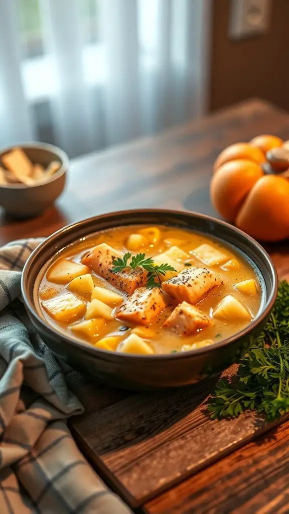 A bowl of creamy canned salmon chowder with potatoes, garnished with parsley, on a wooden table.