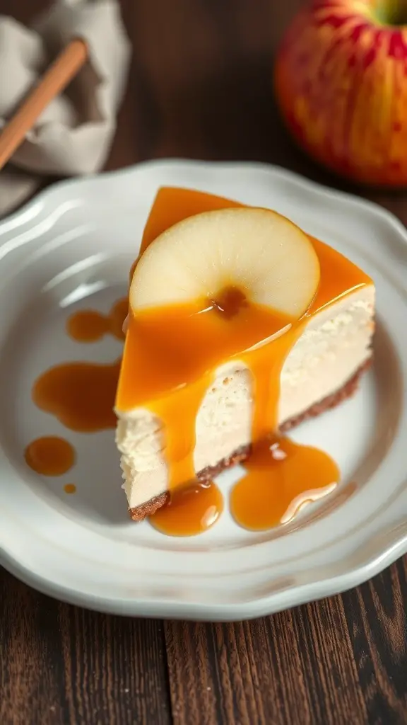 Slice of caramel apple cheesecake with caramel drizzle and apple slice on top