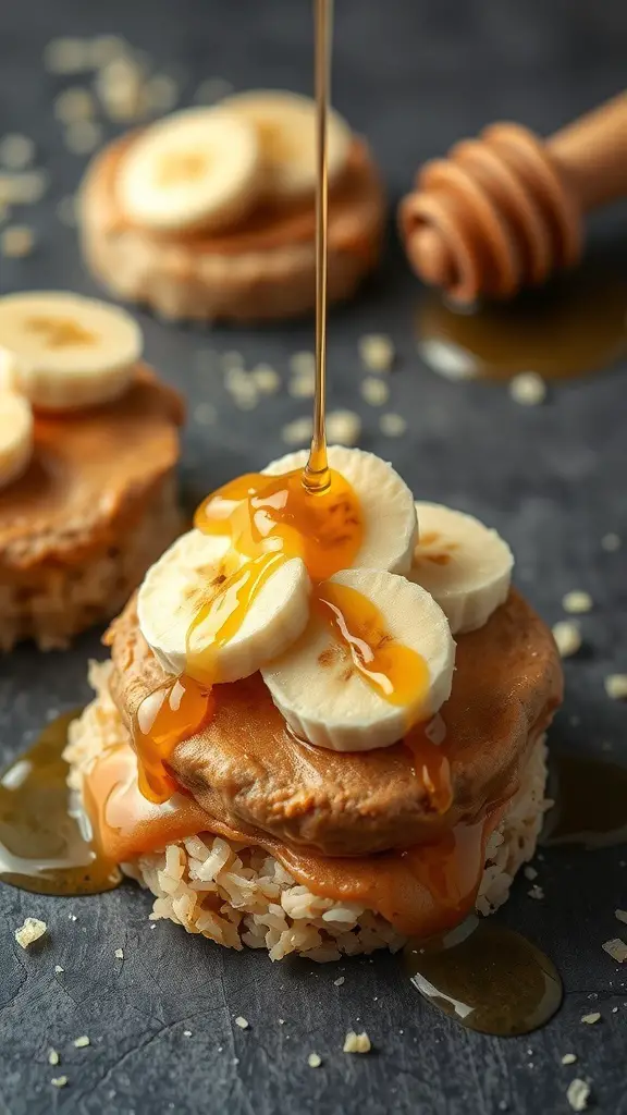 Rice cakes topped with peanut butter, banana slices, and honey drizzle