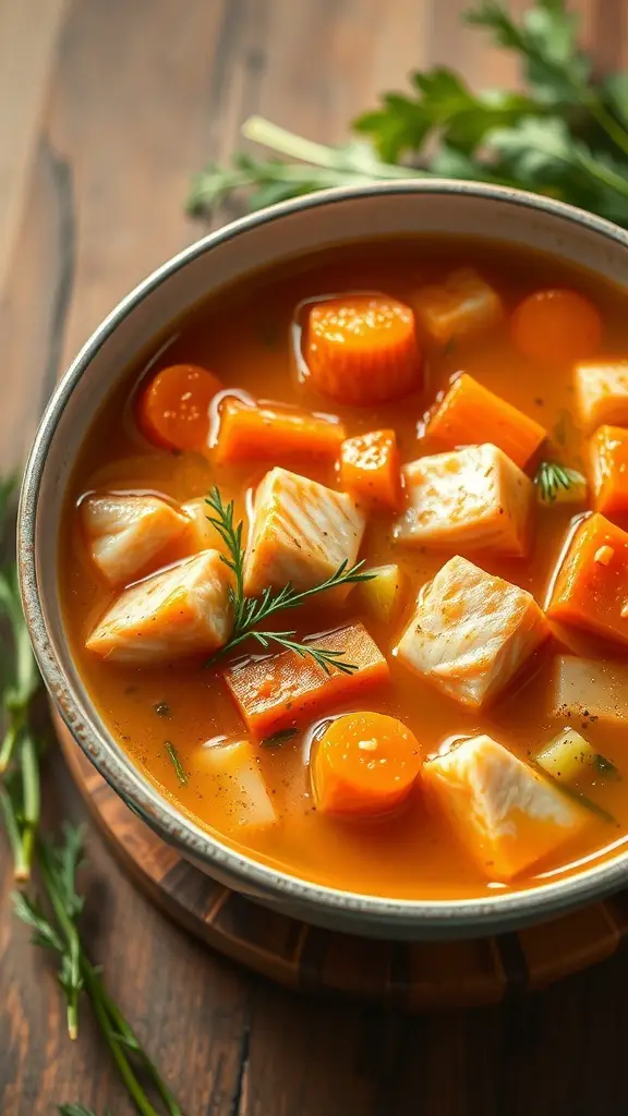 A bowl of salmon vegetable soup with chunks of salmon, carrots, and potatoes in a rich broth.