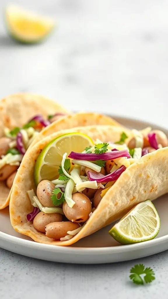 A plate of clam tacos with cabbage slaw, garnished with lime and cilantro.