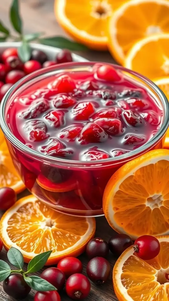 A bowl of cranberry orange relish surrounded by fresh cranberries and orange slices.