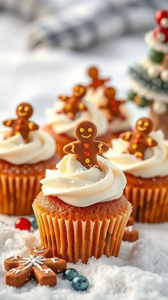 Gingerbread cupcakes with cream cheese frosting and gingerbread decorations