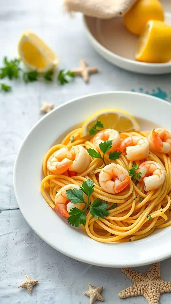 A plate of Lemon Garlic Shrimp Rigatoni garnished with parsley and lemon slices