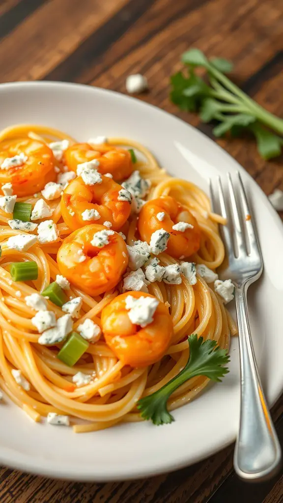 A plate of Buffalo Shrimp Fettuccine with shrimp, fettuccine noodles, and blue cheese crumbles.