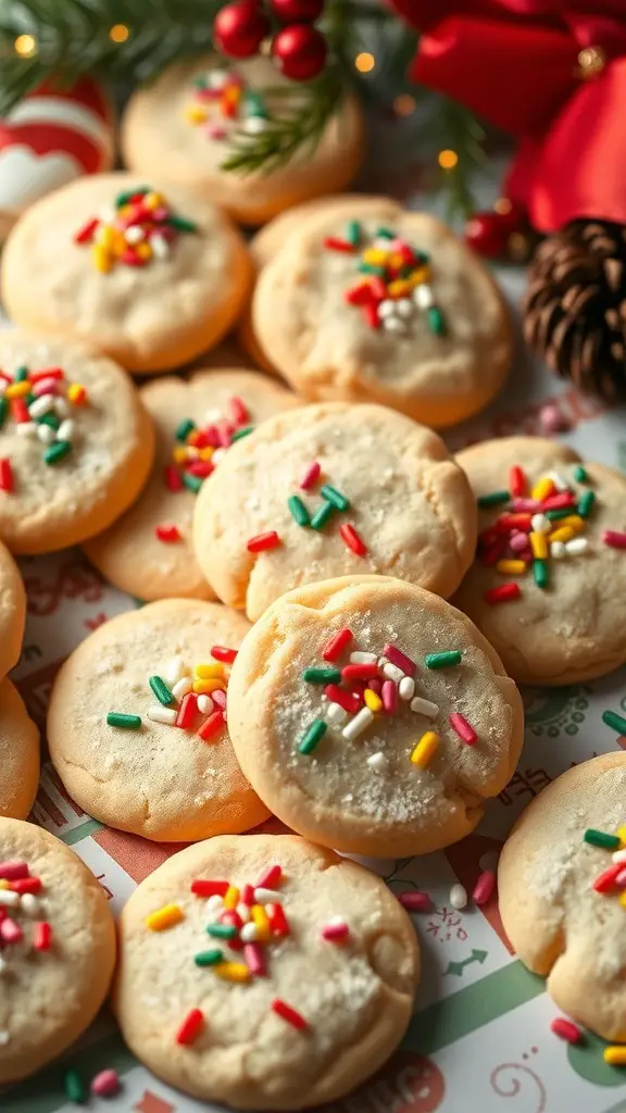 A close-up of classic sugar cookies with colorful sprinkles on a festive background.