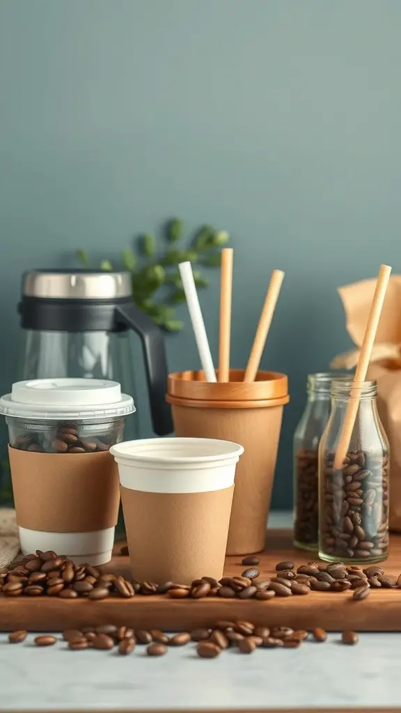 A sustainable coffee bar setup with reusable cups, eco-friendly straws, and coffee beans.