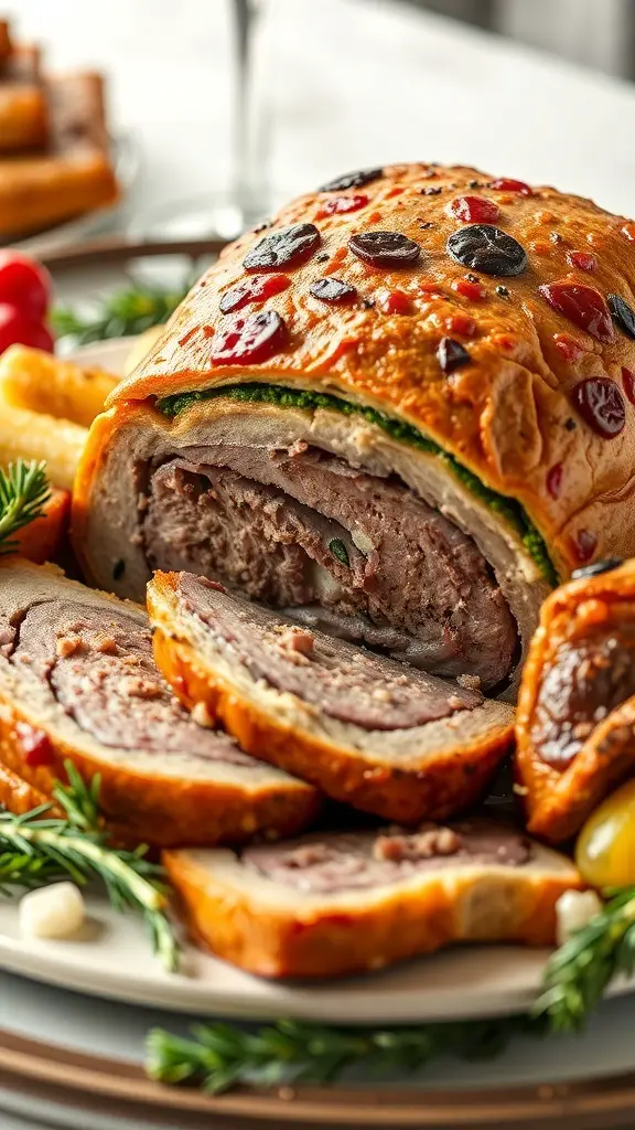 A beautifully presented Beef Wellington, sliced to reveal its layers of beef and mushroom filling, garnished with herbs.