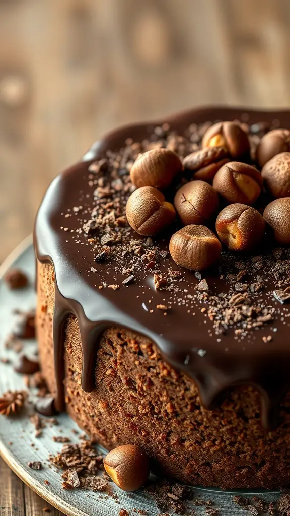 A chestnut cake topped with chocolate ganache and garnished with chestnuts.