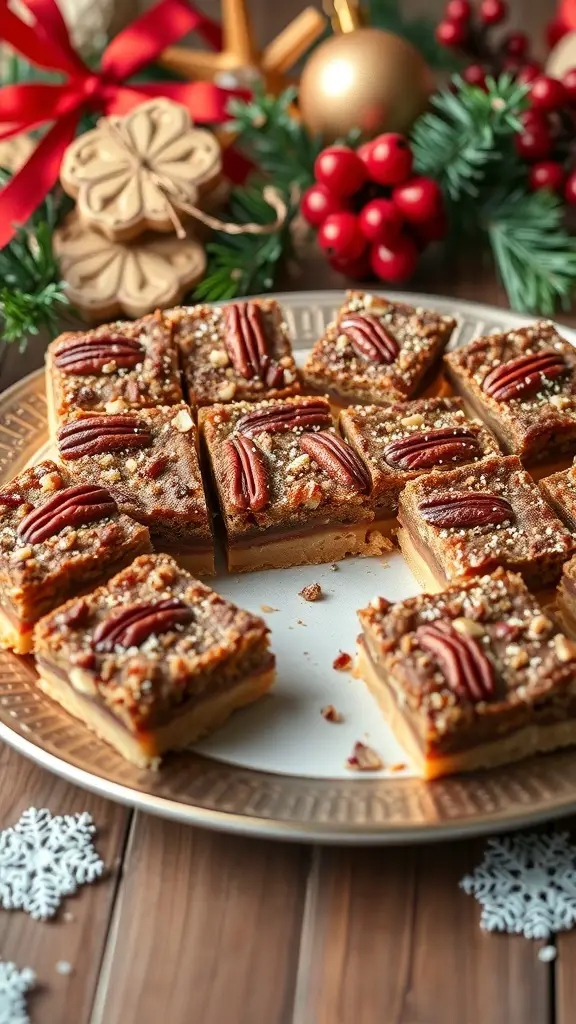 A plate of pecan pie bars decorated for the holidays with festive elements.