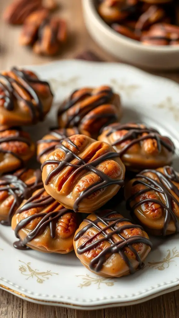 A plate of caramel pecan turtle candies drizzled with chocolate and topped with pecans.