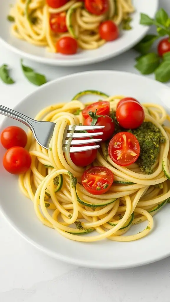 A plate of zucchini noodles with pesto, topped with cherry tomatoes.