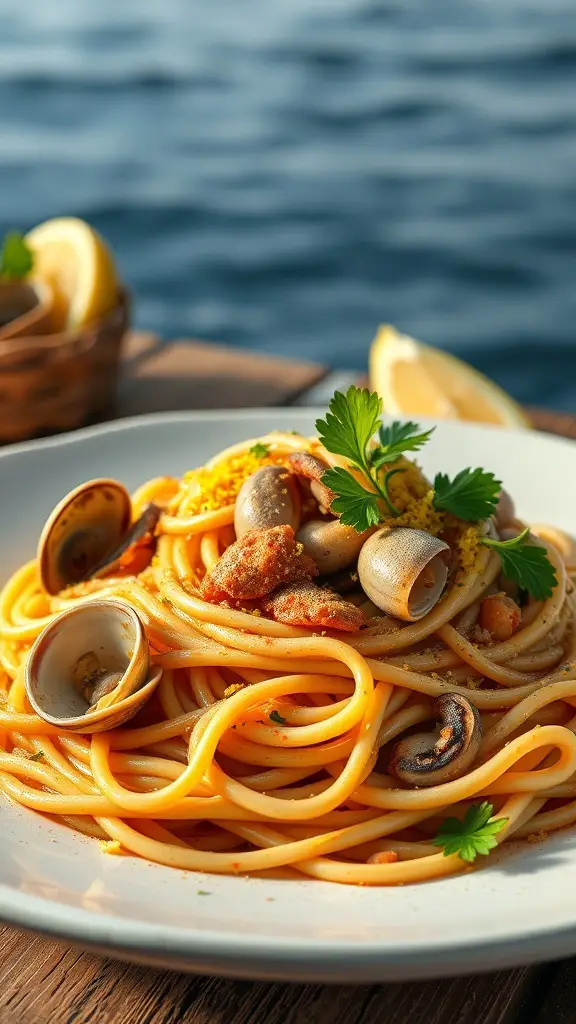 A plate of spaghetti with clam sauce garnished with parsley and lemon.