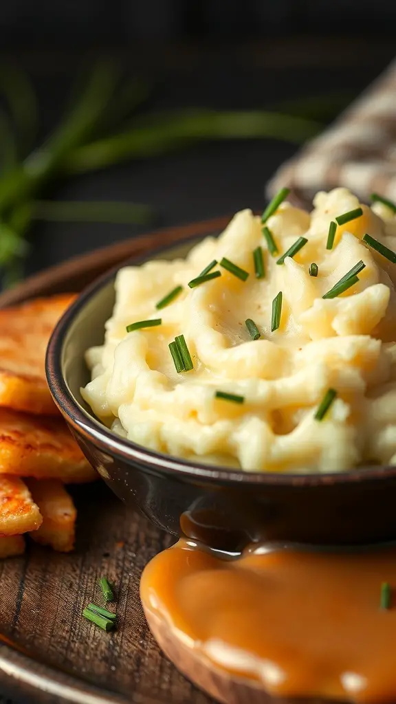 A bowl of creamy garlic mashed potatoes topped with chives, served with gravy and crispy potato slices.