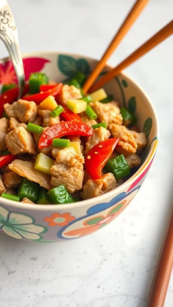 A bowl of turkey and vegetable stir-fry with colorful ingredients.