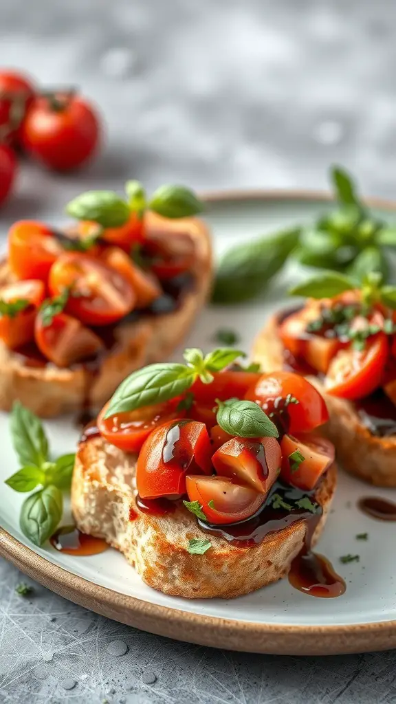 Bruschetta topped with tomatoes and basil on a plate