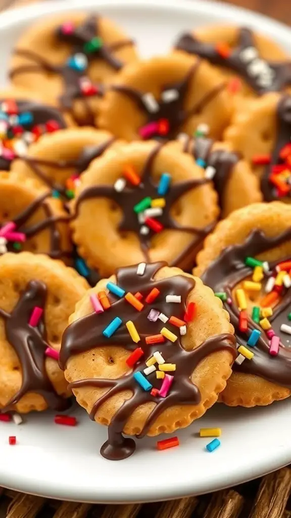 Plate of chocolate covered Ritz crackers with colorful sprinkles