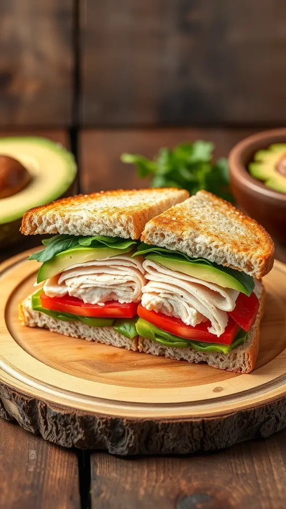 A turkey and avocado sandwich with layers of turkey, avocado, lettuce, and tomato on toasted whole grain bread, served on a wooden plate.