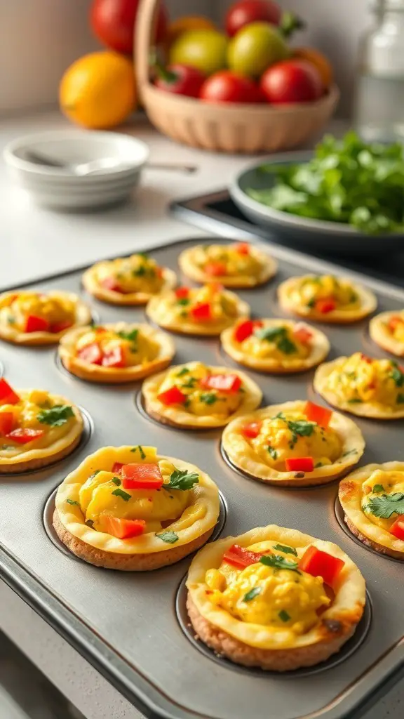 A tray of colorful egg muffins with vegetables, ready to be served.