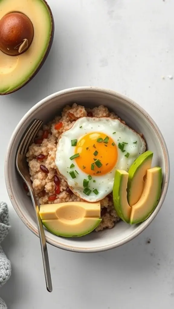 A bowl of savory oatmeal topped with a fried egg and avocado slices, with a spoon beside it.
