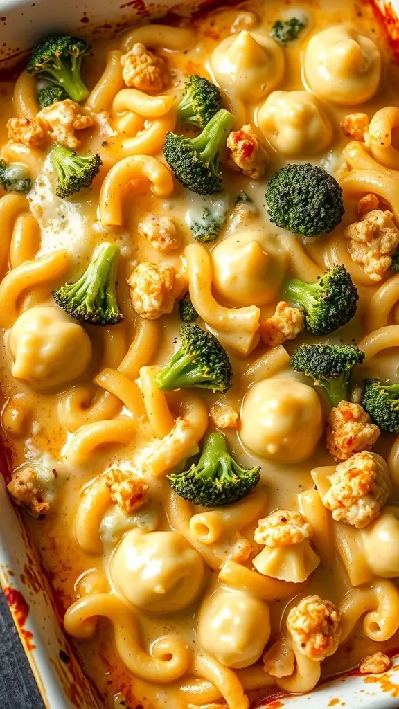 A creamy pasta bake with broccoli, cauliflower, and popcorn.