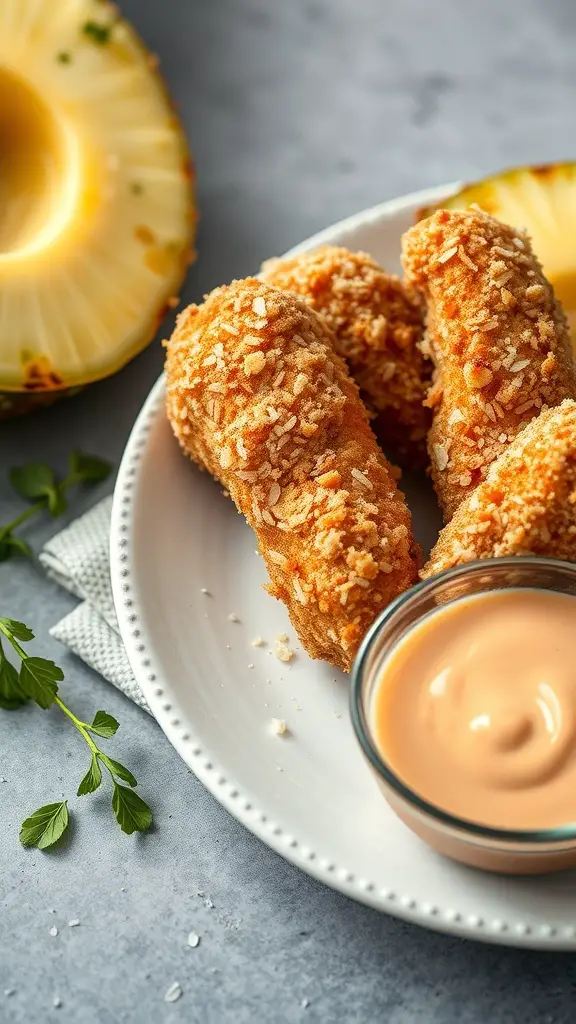 Coconut crusted chicken tenders served with a dipping sauce and a slice of pineapple