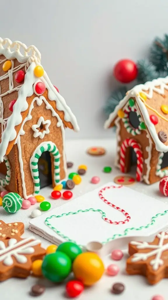 Two decorated gingerbread houses with colorful candies and icing, surrounded by more candies.
