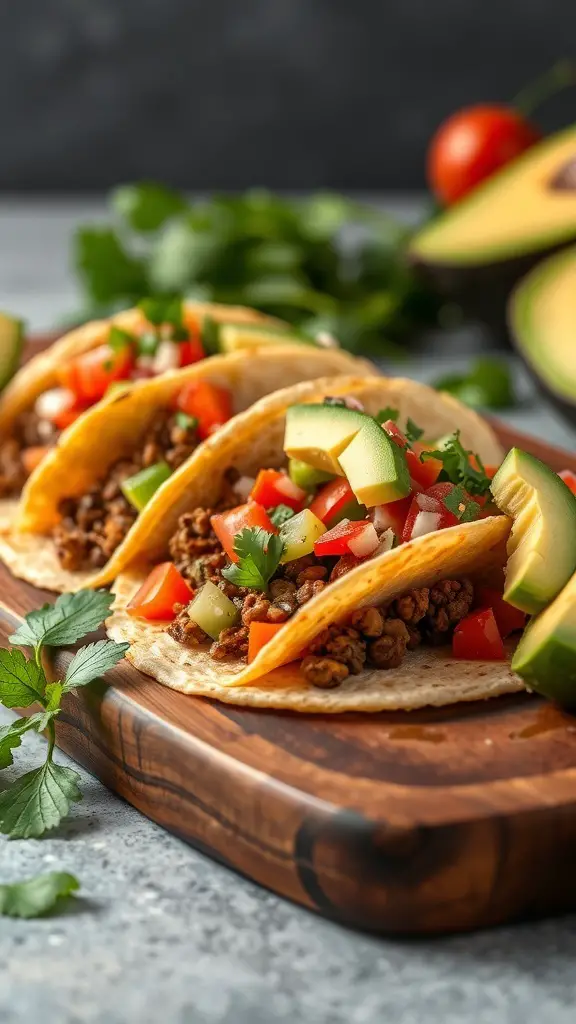 Three lentil tacos filled with vegetables on a wooden platter