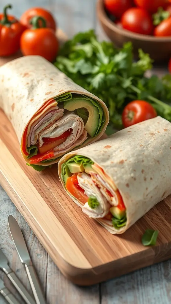 A delicious turkey and avocado wrap with fresh vegetables, displayed on a wooden cutting board.