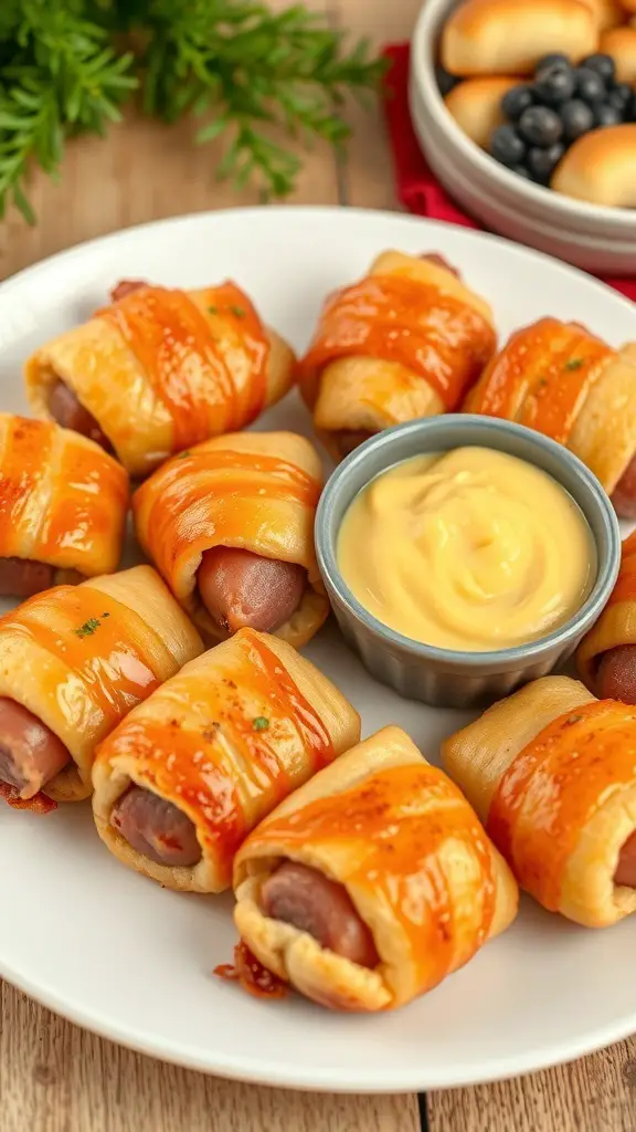A plate of pigs in a blanket with mustard dip