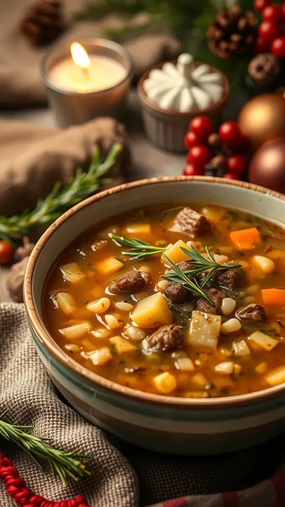 A bowl of beef and barley soup with vegetables, surrounded by festive decorations.