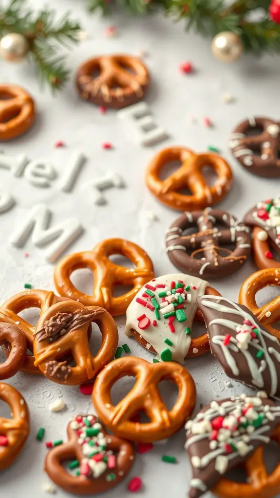 A variety of chocolate-covered pretzels decorated with sprinkles and surrounded by festive decorations.