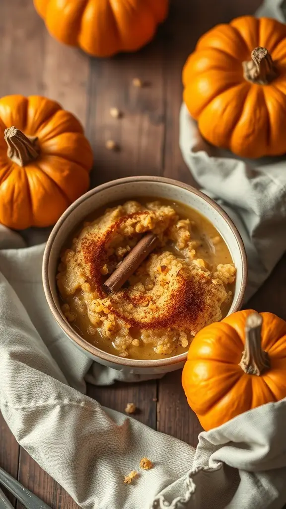 A bowl of pumpkin and quinoa porridge surrounded by small pumpkins.