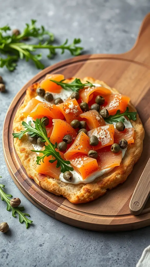 A delicious smoked salmon flatbread topped with cream cheese, capers, and arugula on a wooden board.
