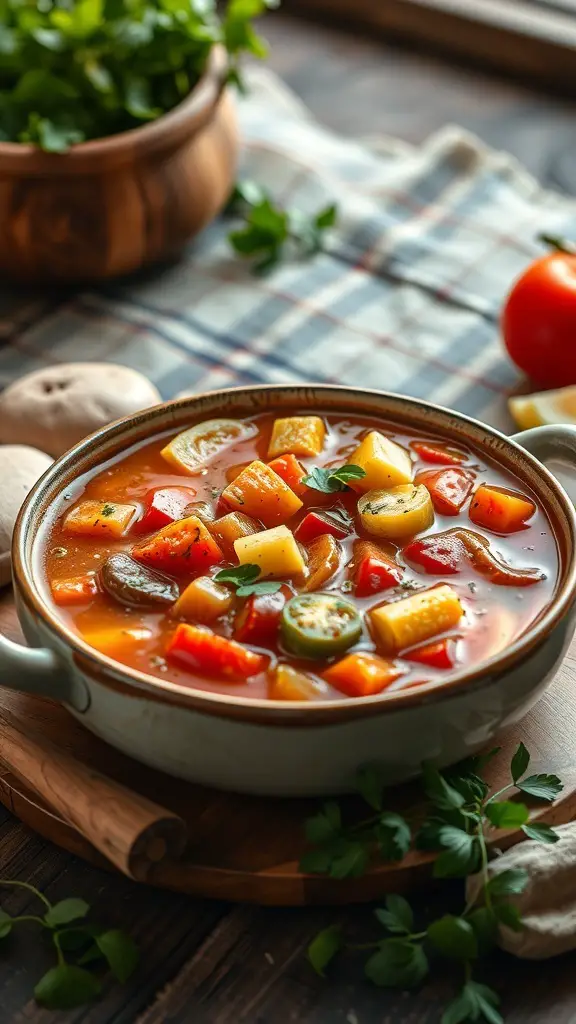 A bowl of Mediterranean Vegetable Soup with colorful vegetables