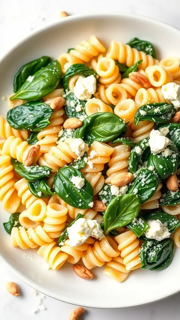 A plate of rotini pasta with spinach, ricotta cheese, and nuts.