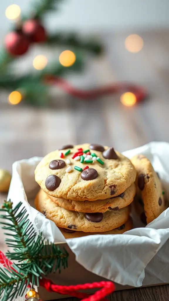 A box of chocolate chip cookies topped with holiday sprinkles, surrounded by festive decorations.