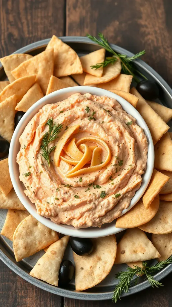 A bowl of Mediterranean Salmon Dip surrounded by pita chips and garnished with herbs and lemon.