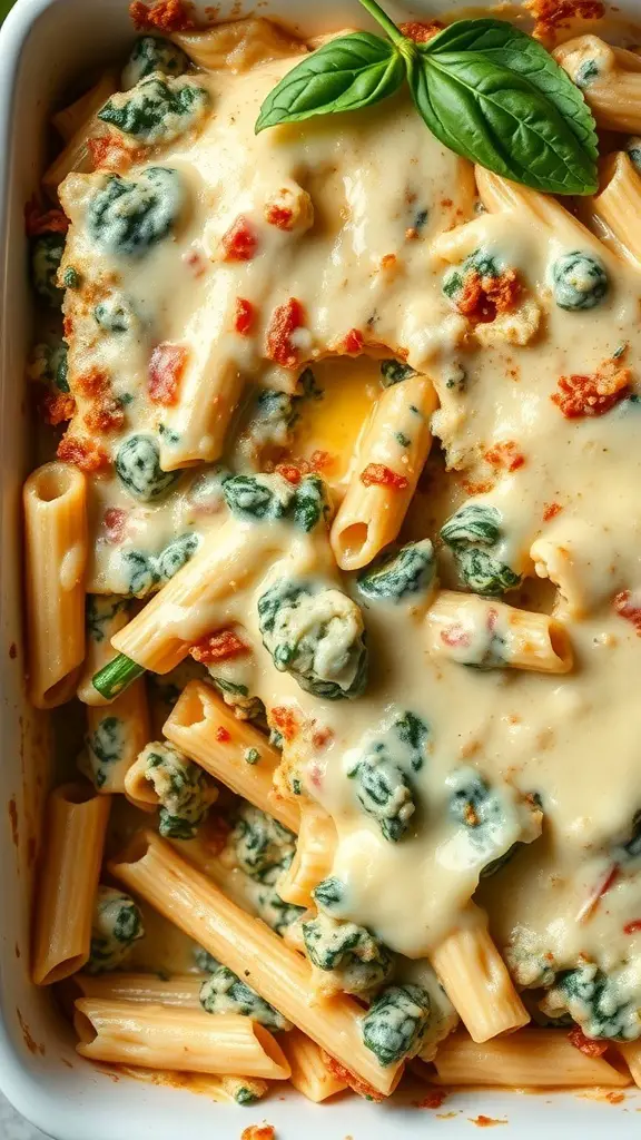 A creamy spinach and artichoke pasta casserole topped with fresh basil.
